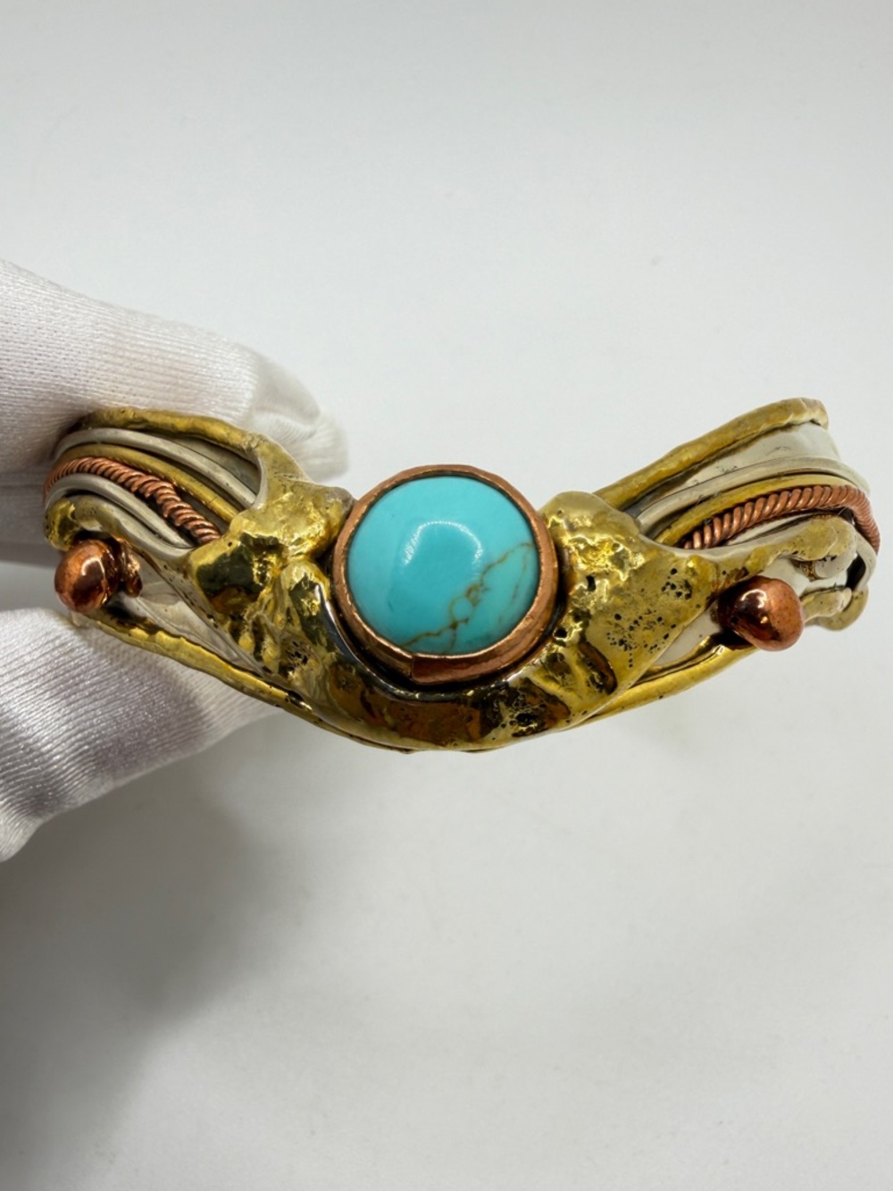 Stunning mixed metal and possible turquoise cabochon artisan‎ cuff bracelet!